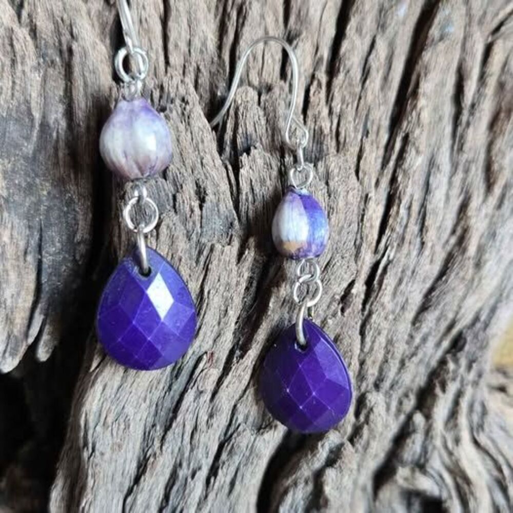 Purple Acrylic Dangle Earrings | Repurposed Vintage Beads | Silver Tone Hooks